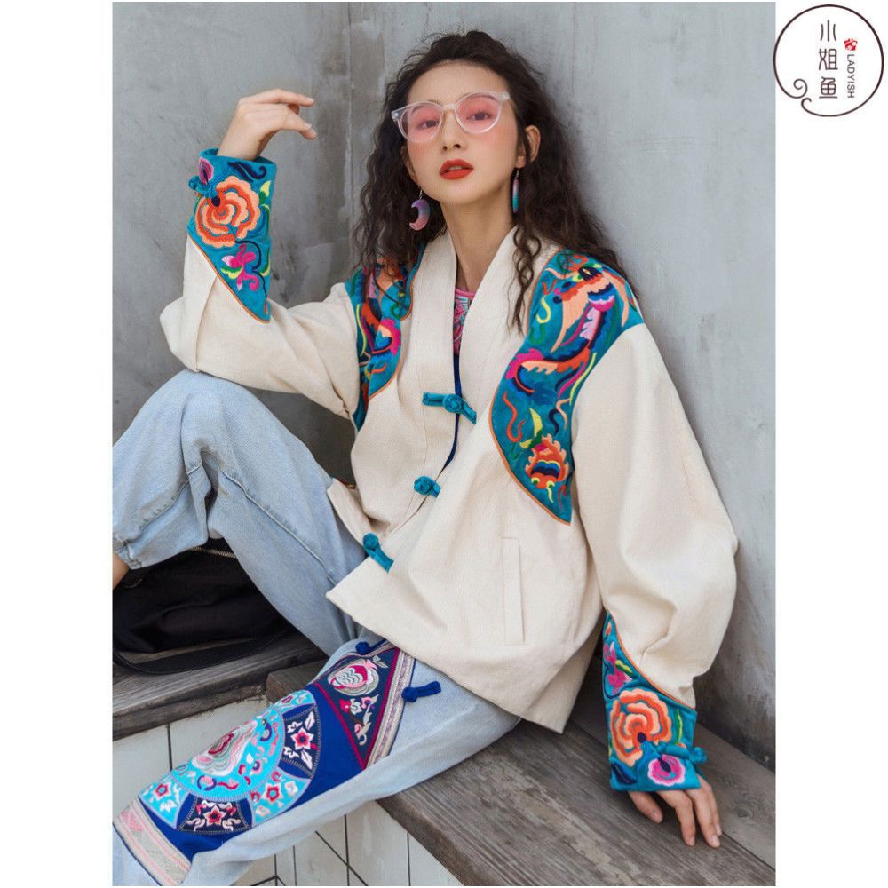 Design sense ethnic style women s top improvement 2022 spring new Tang style women s loose printed long sleeved jacket image 2