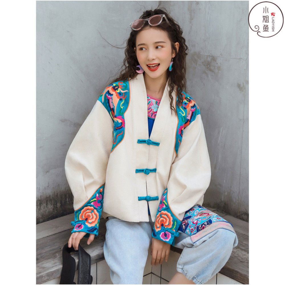 Design sense ethnic style women s top improvement 2022 spring new Tang style women s loose printed long sleeved jacket image 3