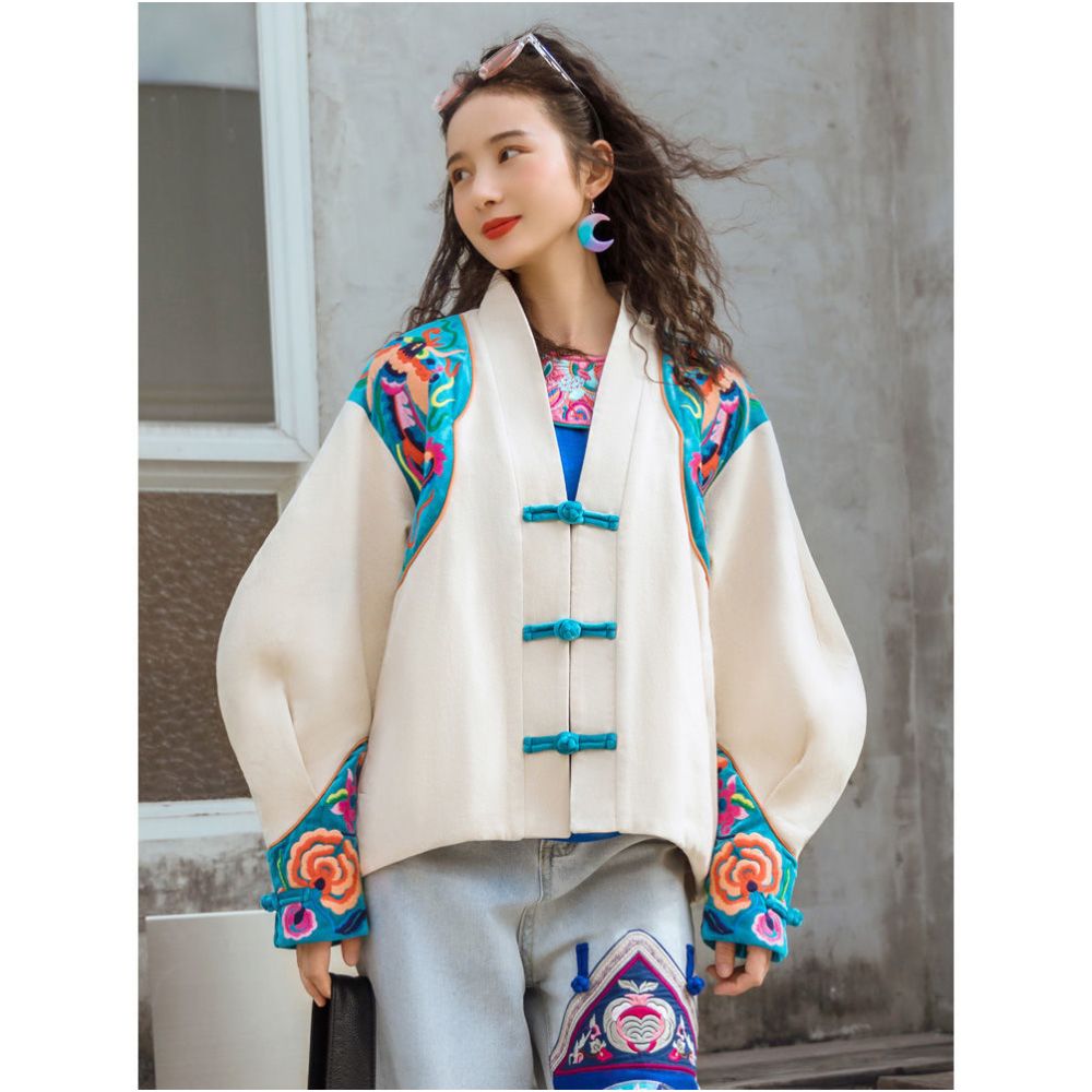 Design sense ethnic style women s top improvement 2022 spring new Tang style women s loose printed long sleeved jacket image 4