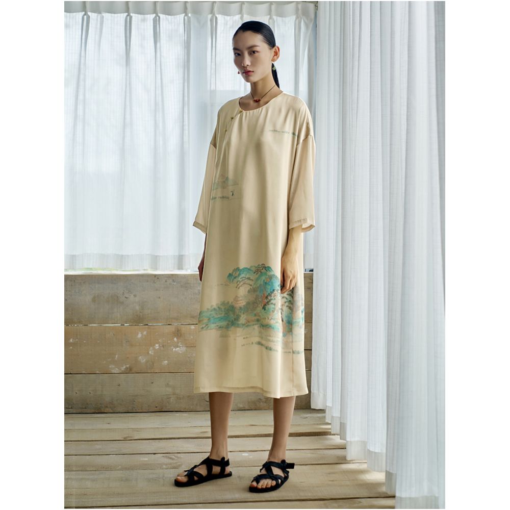 RECLUSE Shuihui New Chinese Style Green Landscape Dress Cheongsam Medium Long Dress Zen Dress 2025 New Style image 16