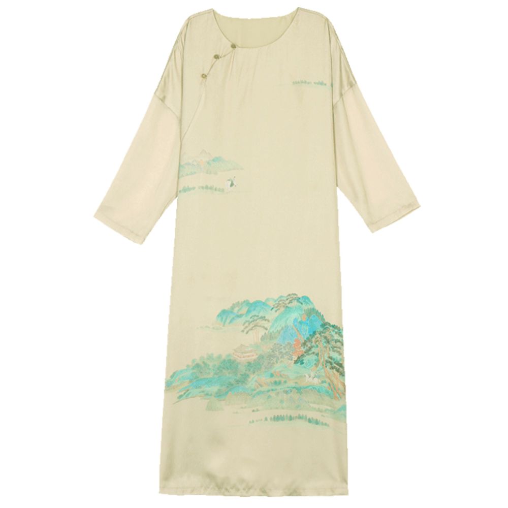 RECLUSE Shuihui New Chinese Style Green Landscape Dress Cheongsam Medium Long Dress Zen Dress 2025 New Style image 17