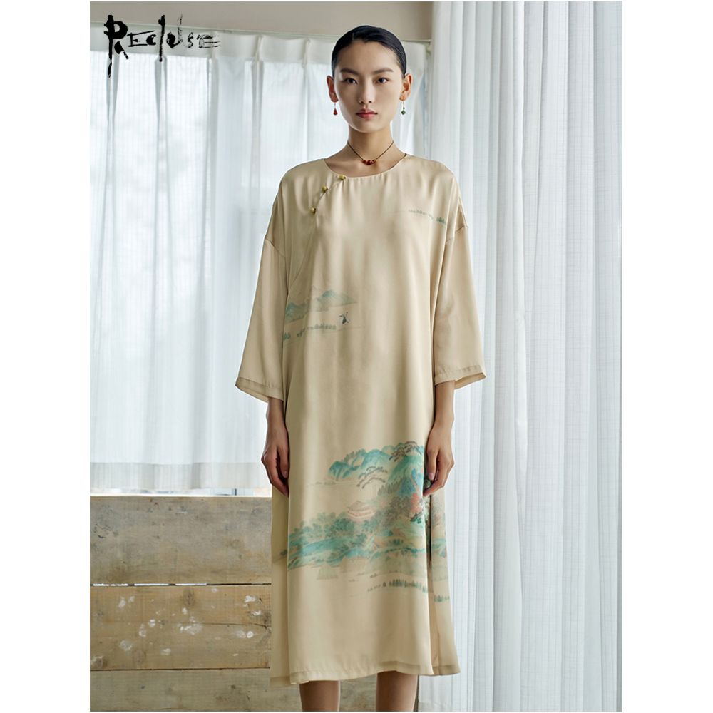 RECLUSE Shuihui New Chinese Style Green Landscape Dress Cheongsam Medium Long Dress Zen Dress 2025 New Style image 0