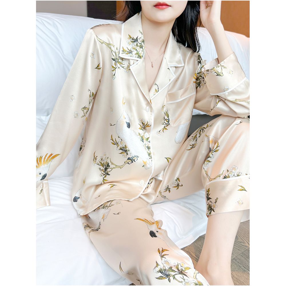 High quality goods 6A grade mulberry silk Temperament printed heavyweight silk sleepwear set for women s high end silk home wear image 0