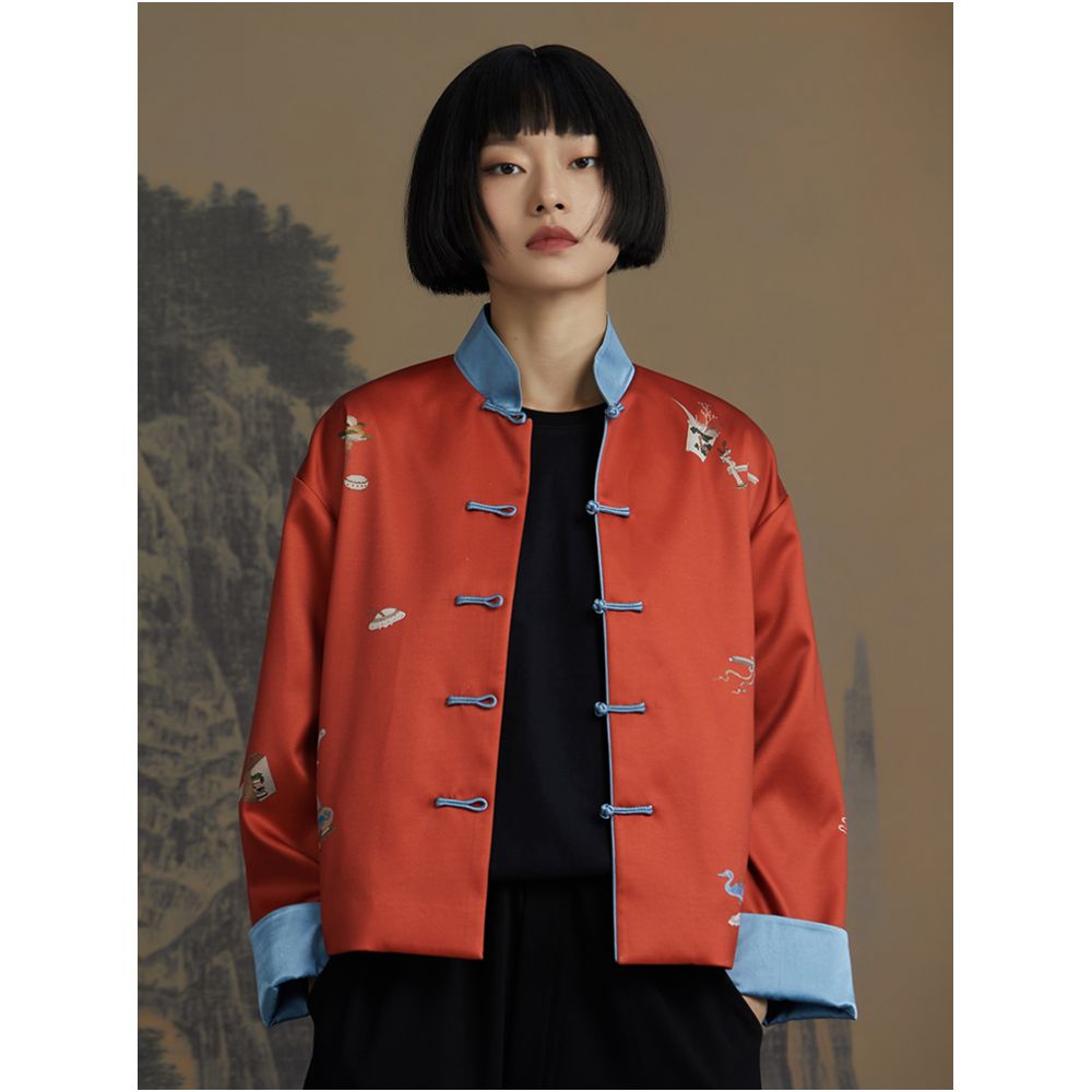 RECLUSE True New Chinese Positioning Printed Color Contrasting Satin Plate Buckle Vitality Improved Design Tang Short Coat image 2