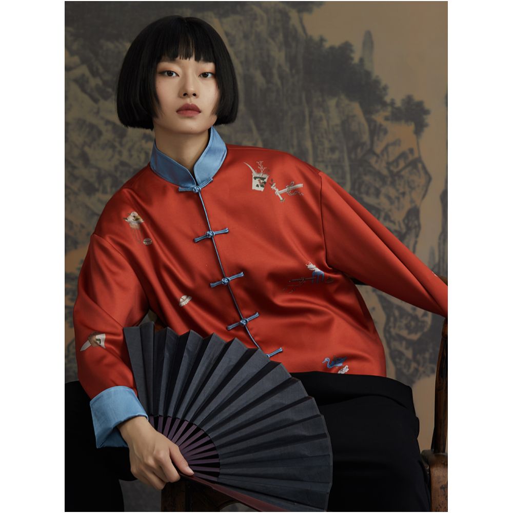 RECLUSE True New Chinese Positioning Printed Color Contrasting Satin Plate Buckle Vitality Improved Design Tang Short Coat image 3