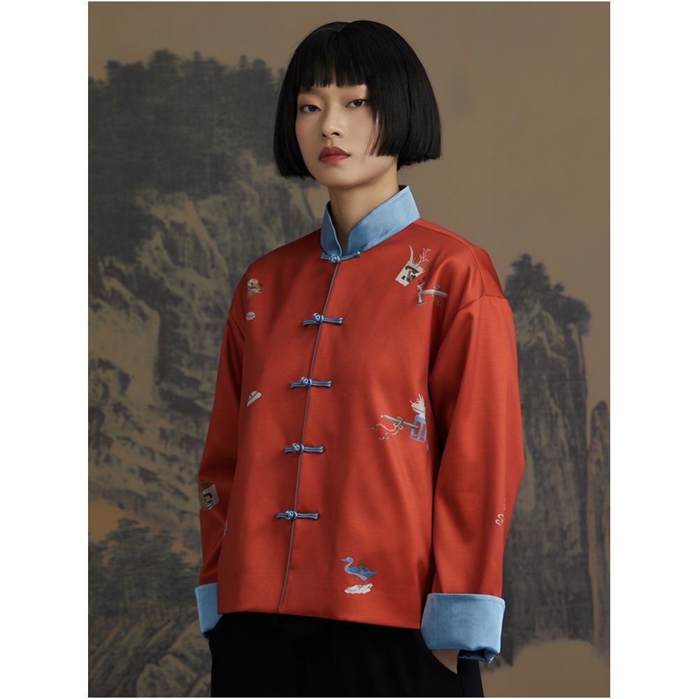 RECLUSE True New Chinese Positioning Printed Color Contrasting Satin Plate Buckle Vitality Improved Design Tang Short Coat image 4