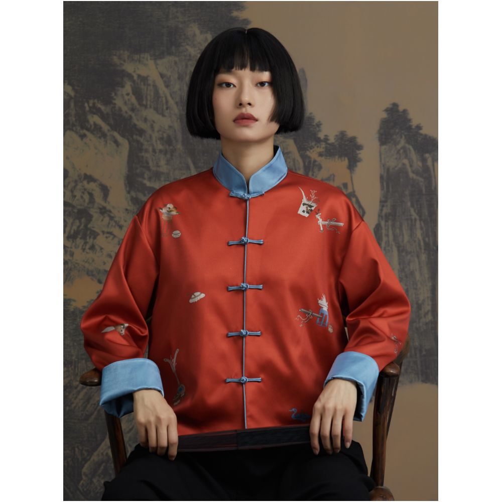 RECLUSE True New Chinese Positioning Printed Color Contrasting Satin Plate Buckle Vitality Improved Design Tang Short Coat image 0