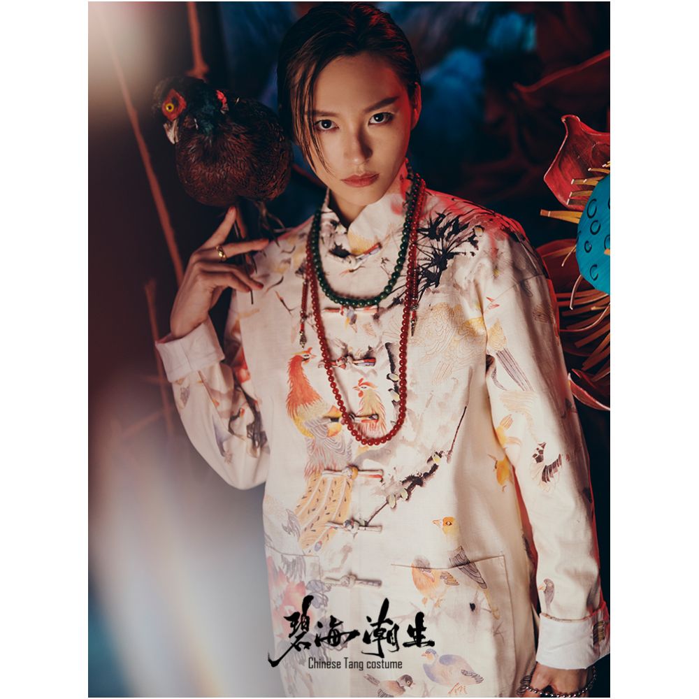 Blue sea tide birth u003cHundred birds flock to the phoenix u003eautumn and winter new original Chinese style China Chic Chinese casual printed Tang suit image 2