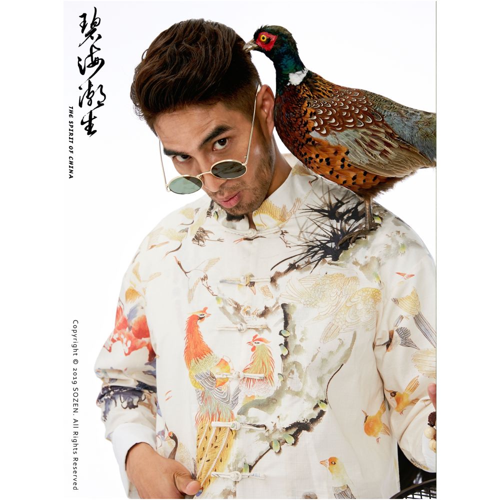 Blue sea tide birth u003cHundred birds flock to the phoenix u003eautumn and winter new original Chinese style China Chic Chinese casual printed Tang suit image 3