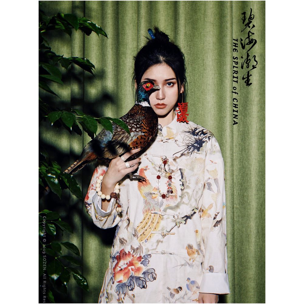 Blue sea tide birth u003cHundred birds flock to the phoenix u003eautumn and winter new original Chinese style China Chic Chinese casual printed Tang suit image 4