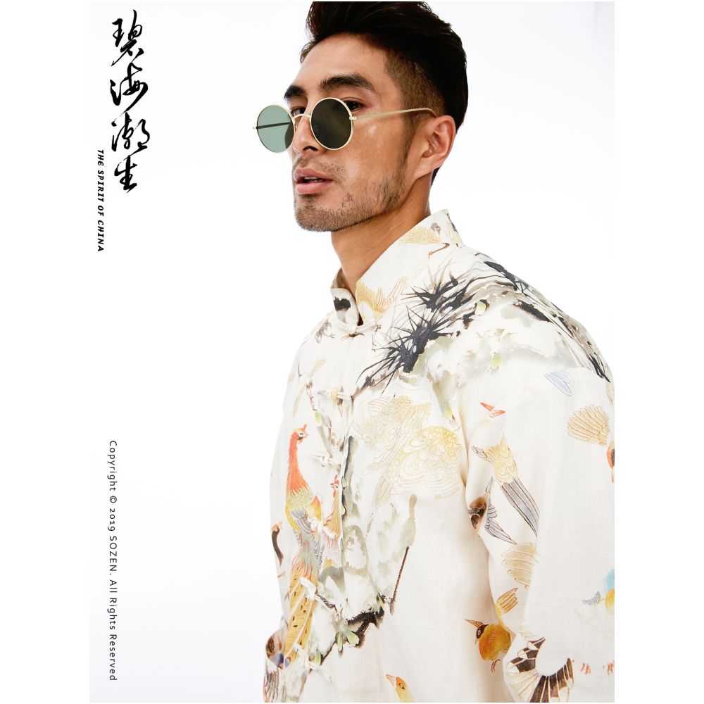 Blue sea tide birth u003cHundred birds flock to the phoenix u003eautumn and winter new original Chinese style China Chic Chinese casual printed Tang suit image 5