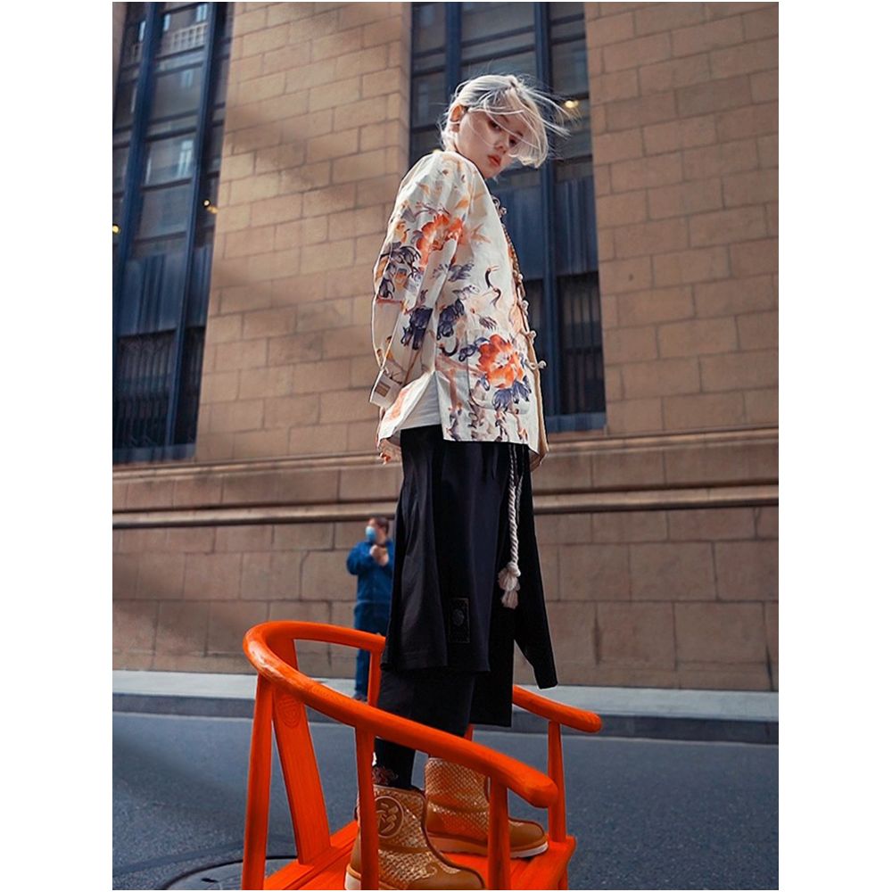 Blue sea tide birth u003cHundred birds flock to the phoenix u003eautumn and winter new original Chinese style China Chic Chinese casual printed Tang suit image 0