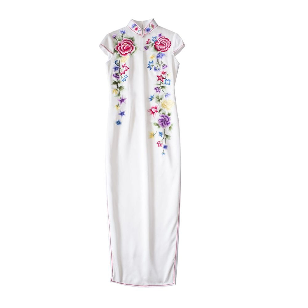 Offline blood loss price QP010 original master craftsman handmade milk white organza silk embroidered cheongsam for women image 5