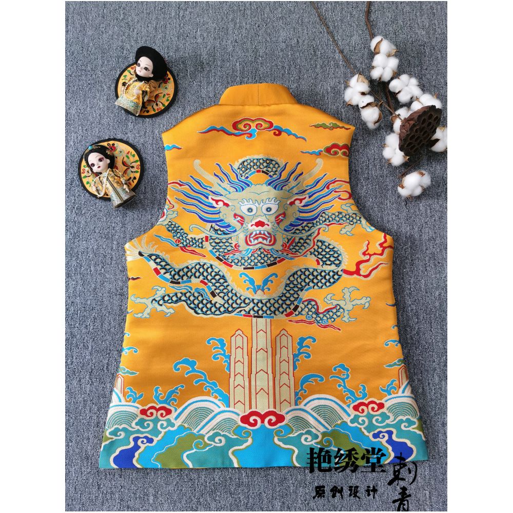 Internet celebrity original design Chinese style retro brocade Tang style dragon robe men s and women s personalized buttoned vest vest image 4