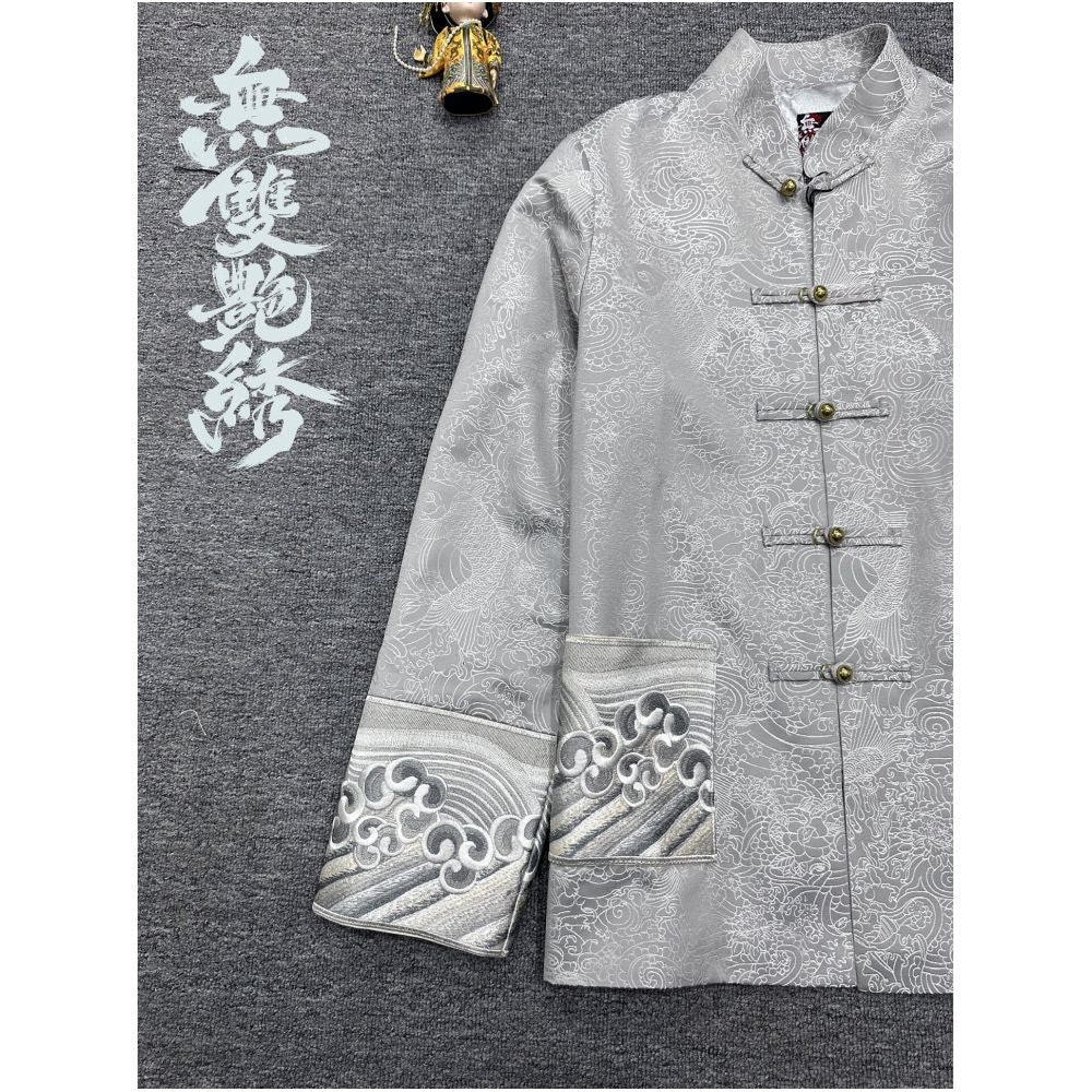 China Chic unparalleled gorgeous embroidery original design retro buckle traditional Chinese Tang style carp jacquard embroidery men and women s coats image 2