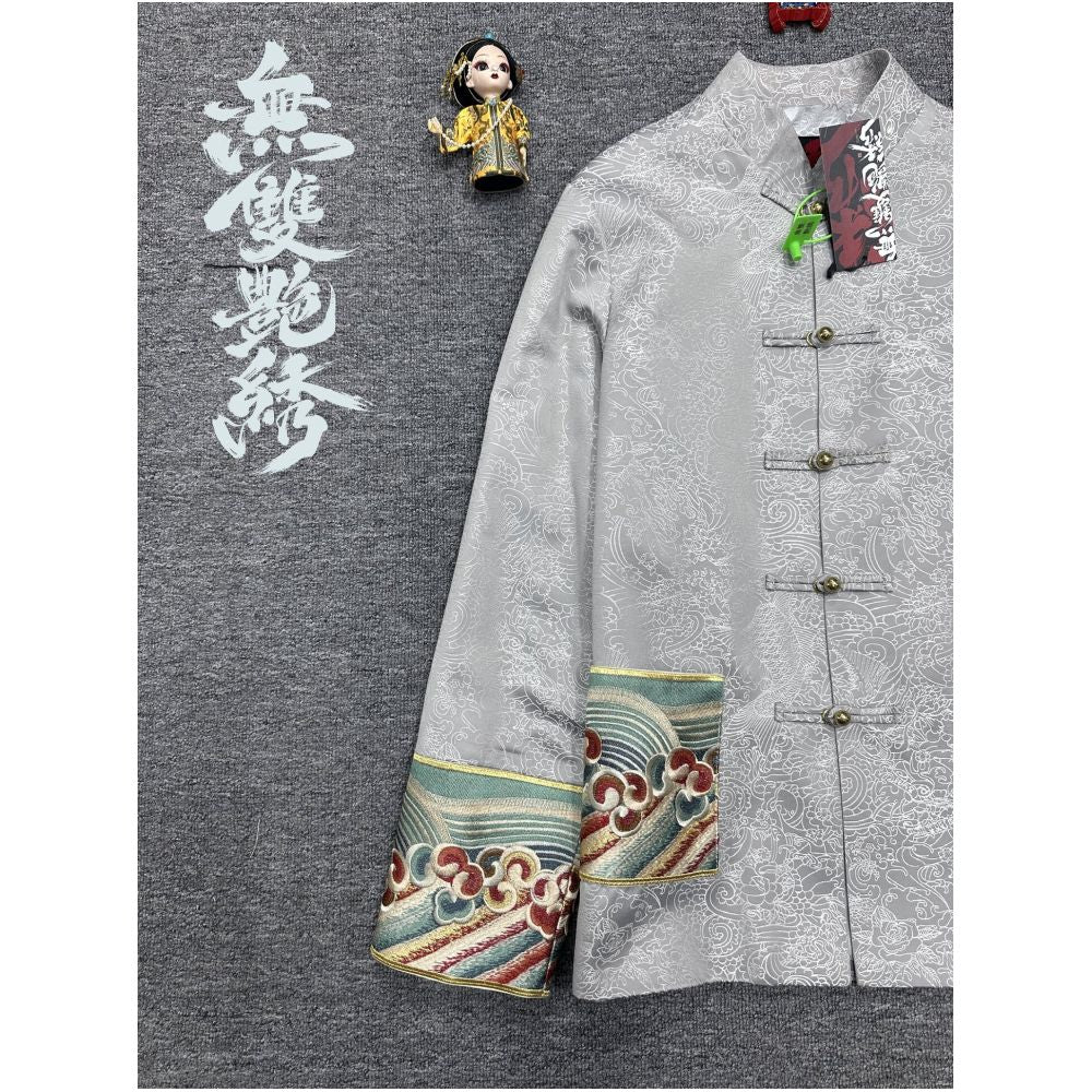China Chic unparalleled gorgeous embroidery original design retro buckle traditional Chinese Tang style carp jacquard embroidery men and women s coats image 3