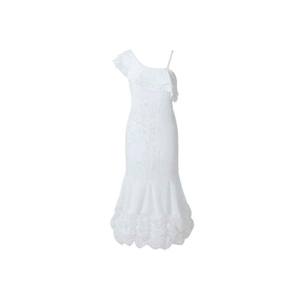 RIMLESS Borderless Original Positioning Ribbon Embroidery Slant Shoulder Lotus Leaf Edge Dress Long White Light Dress image 11