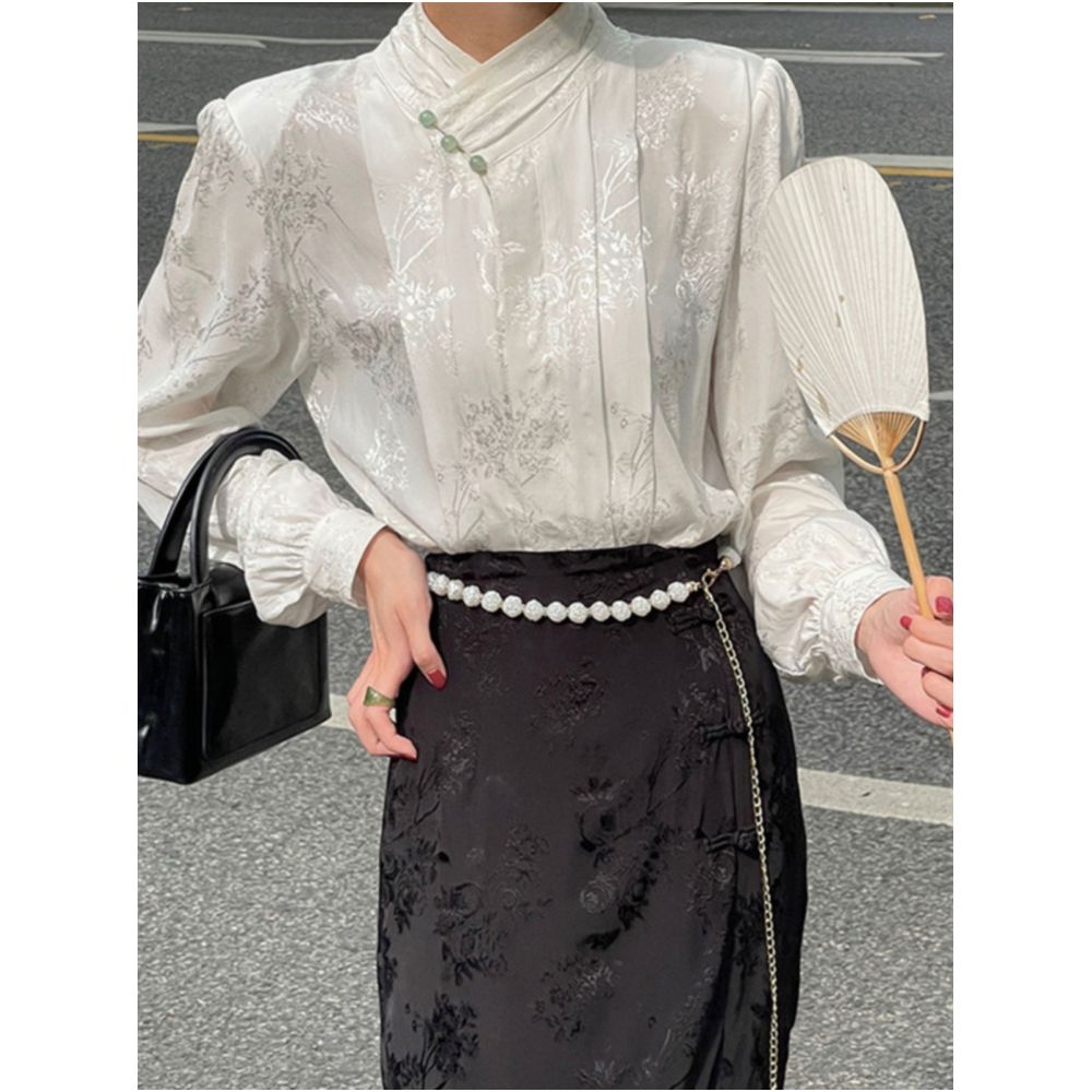 Hanfu New Chinese Jacquard Satin Shirt Women s Spring and Autumn European style Tang style Shirt Improved Cheongsam Top image 1