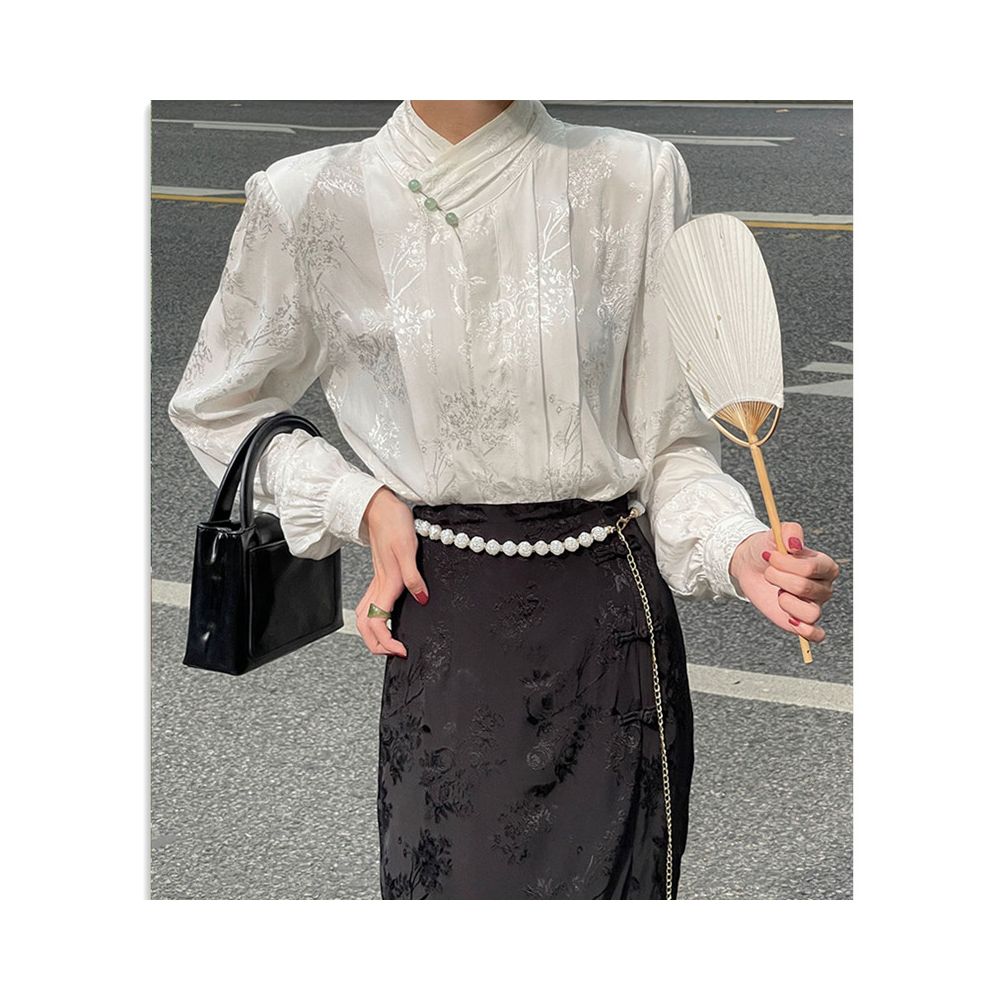 Asaya0466 - Hanfu New Chinese Jacquard Satin Shirt Women s Spring and Autumn European style Tang style Shirt Improved Cheongsam Top