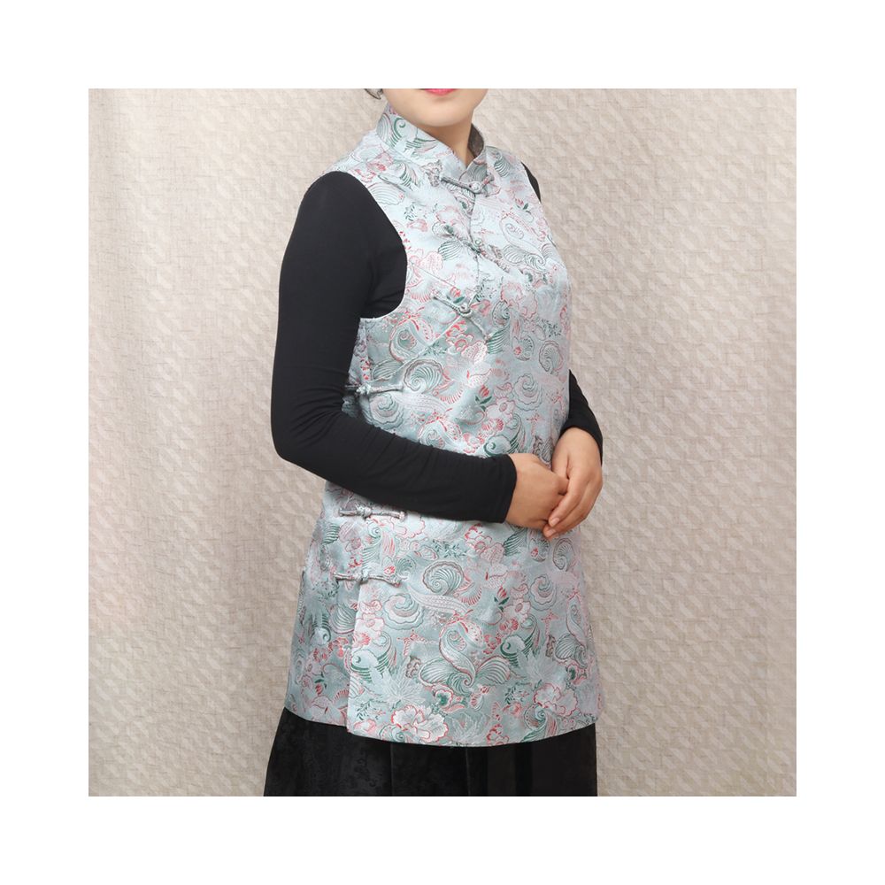 Early Spring and Autumn ethnic style Chinese style buckle stand up collar sleeveless mid long style half breasted vest top women s woven brocade forging image 15