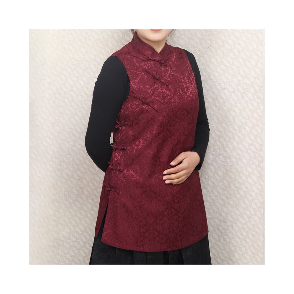Early Spring and Autumn ethnic style Chinese style buckle stand up collar sleeveless mid long style half breasted vest top women s woven brocade forging image 23