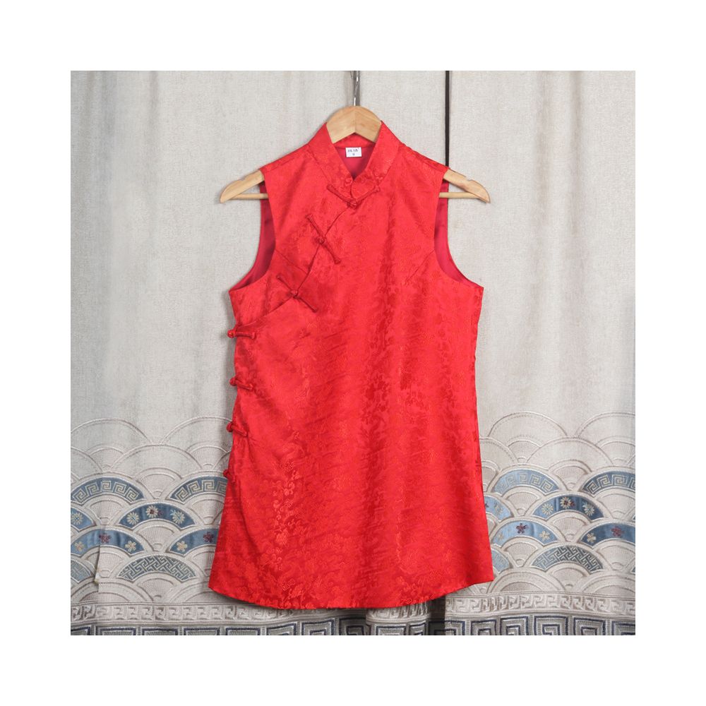 Early Spring and Autumn ethnic style Chinese style buckle stand up collar sleeveless mid long style half breasted vest top women s woven brocade forging image 59