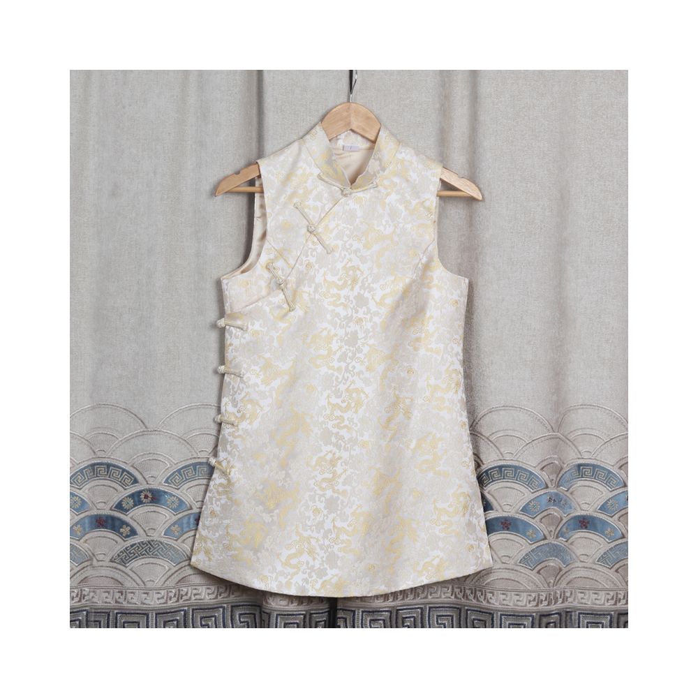 Early Spring and Autumn ethnic style Chinese style buckle stand up collar sleeveless mid long style half breasted vest top women s woven brocade forging image 73