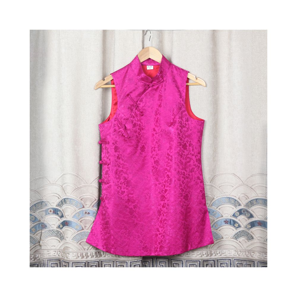 Early Spring and Autumn ethnic style Chinese style buckle stand up collar sleeveless mid long style half breasted vest top women s woven brocade forging image 93