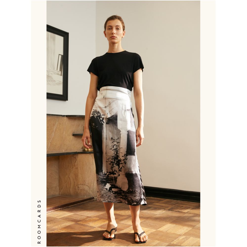 ROOMCARDS Independent Designer Retro Photo Print Splicing Pure Silk Wrap Skirt Multi Wear Strap Half Skirt image 3