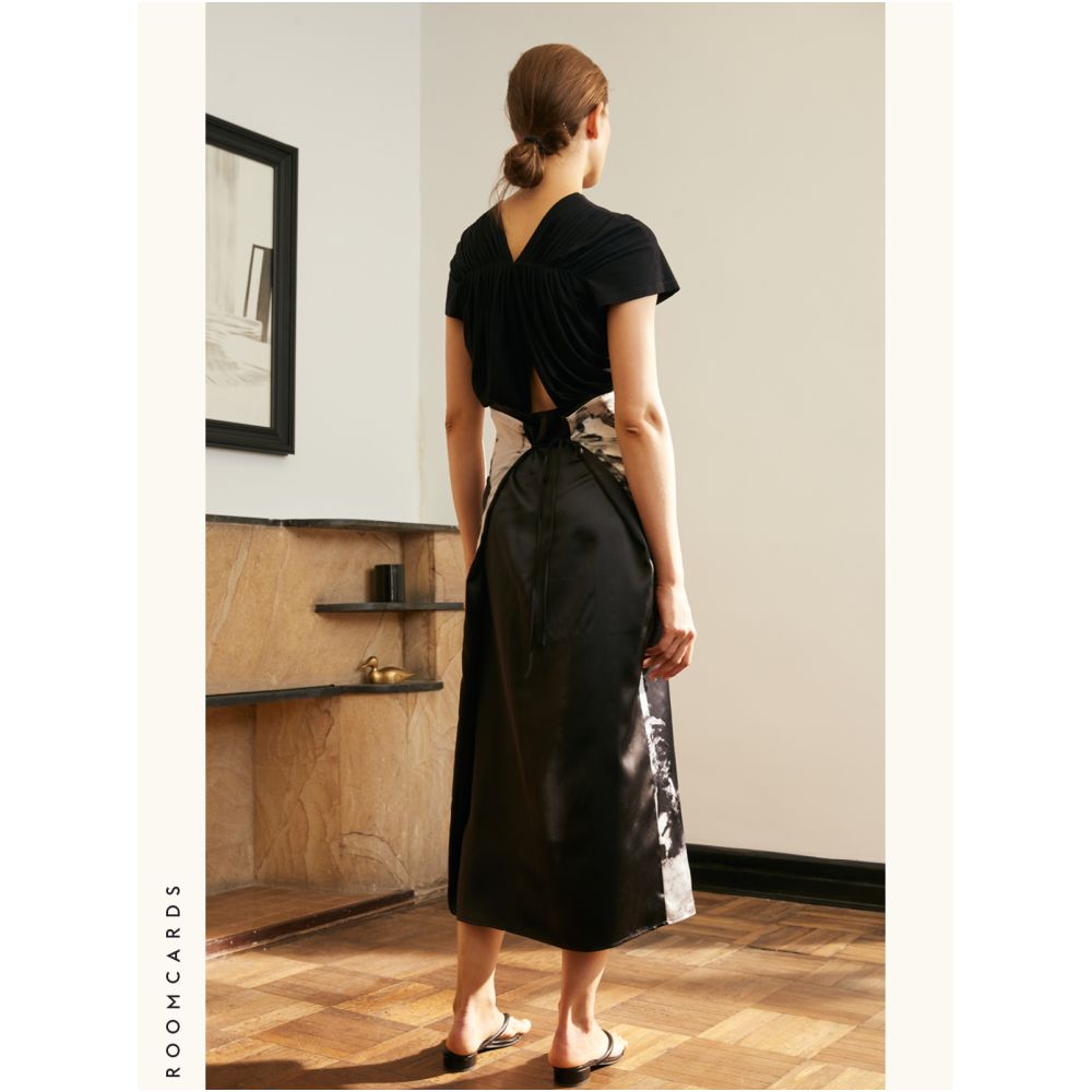 ROOMCARDS Independent Designer Retro Photo Print Splicing Pure Silk Wrap Skirt Multi Wear Strap Half Skirt image 4