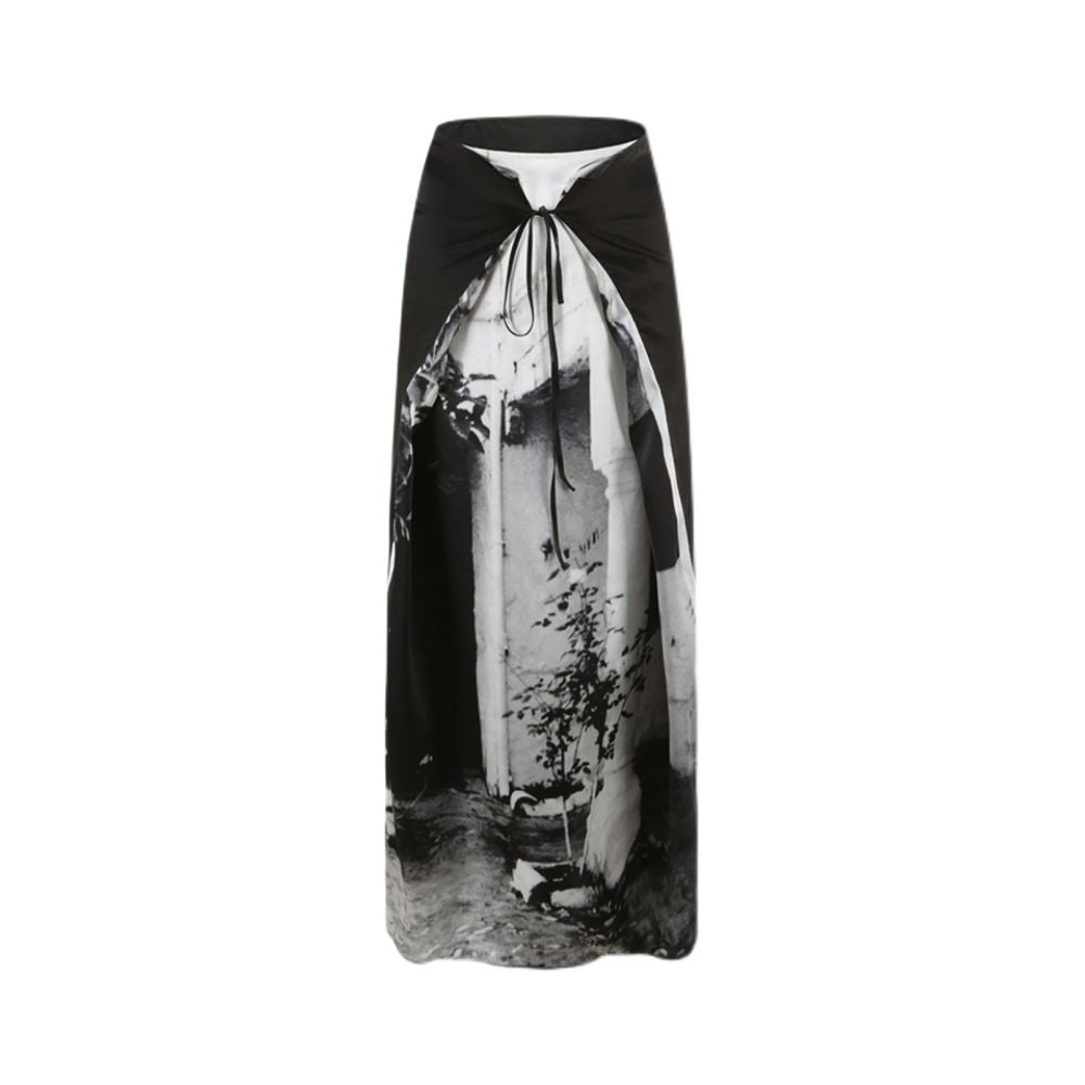 ROOMCARDS Independent Designer Retro Photo Print Splicing Pure Silk Wrap Skirt Multi Wear Strap Half Skirt image 5