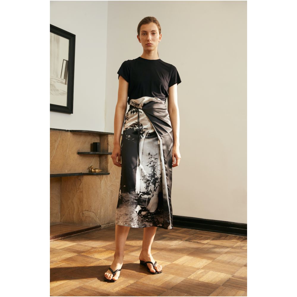 ROOMCARDS Independent Designer Retro Photo Print Splicing Pure Silk Wrap Skirt Multi Wear Strap Half Skirt image 7