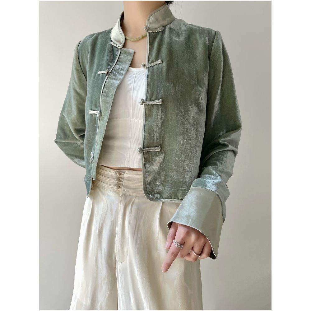 Yangshi Silk Velvet New Chinese style Double breasted Buckle Top Short Chinese Style Retro Tang Style Mulberry Silk Stand collar Coat image 25