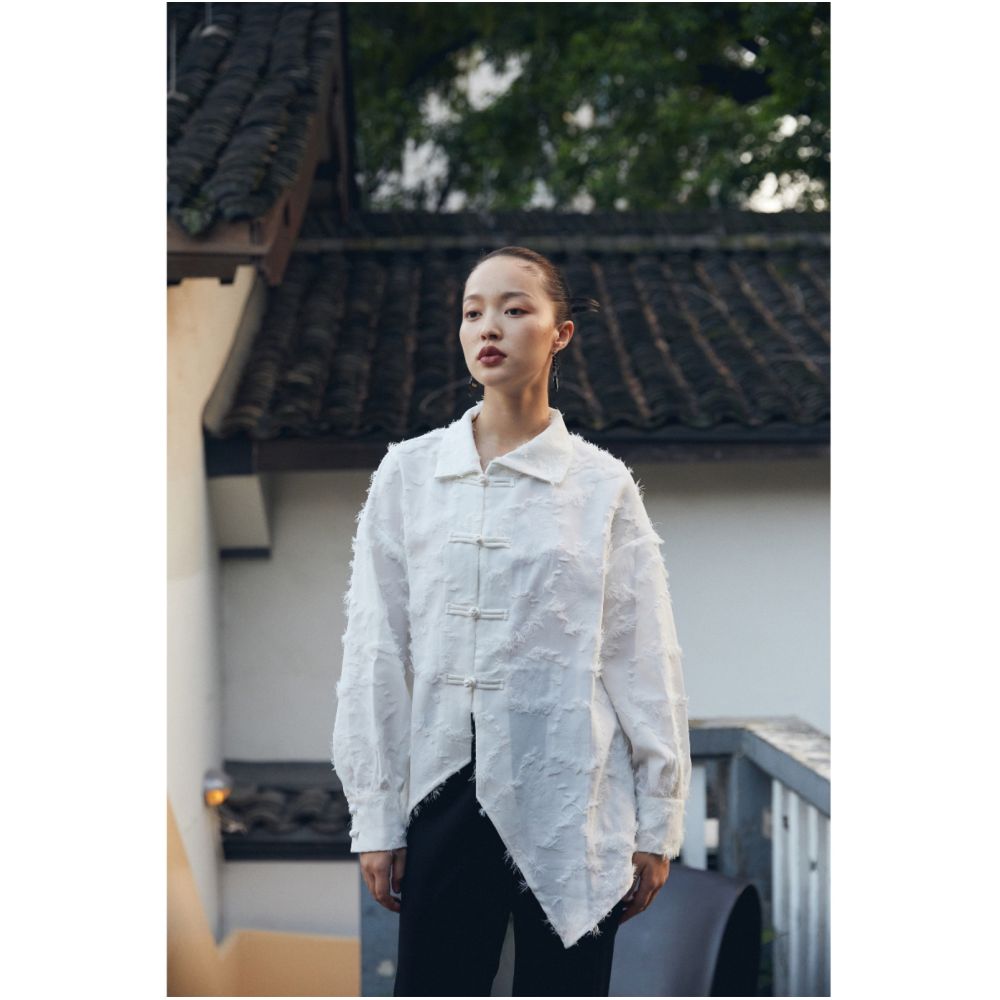 PaleBlueDot blue dot original design asymmetrical white tassel buttoned improved Chinese style shirt long sleeves image 2