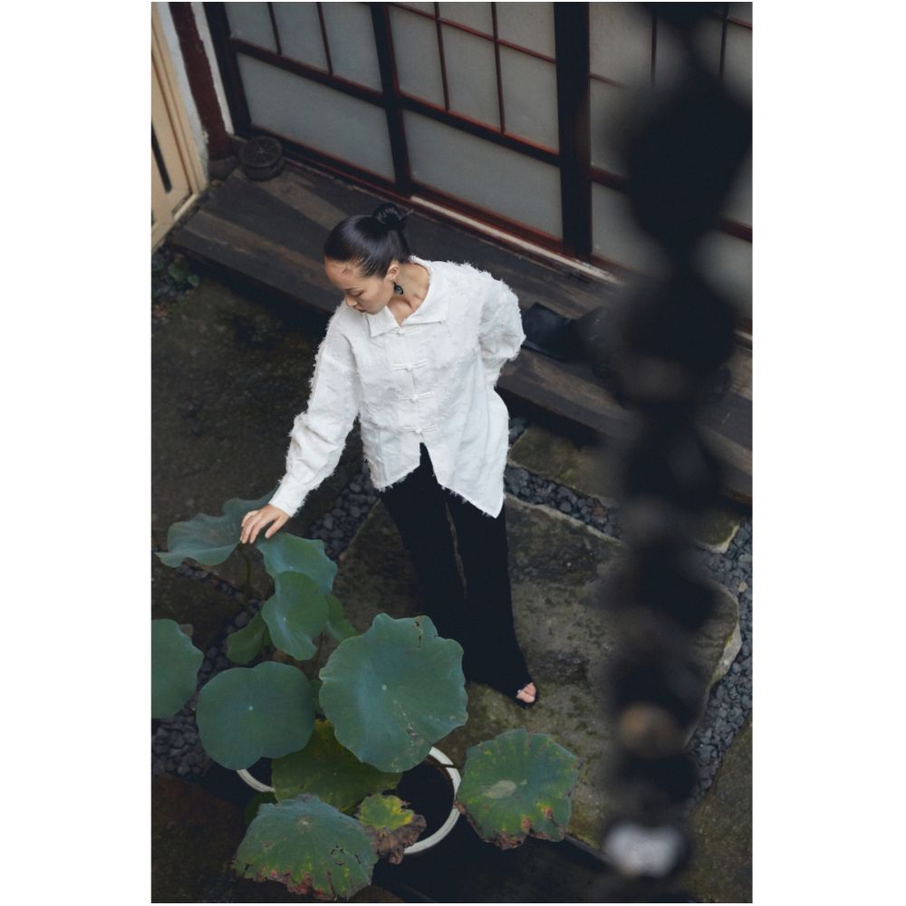 PaleBlueDot blue dot original design asymmetrical white tassel buttoned improved Chinese style shirt long sleeves image 3