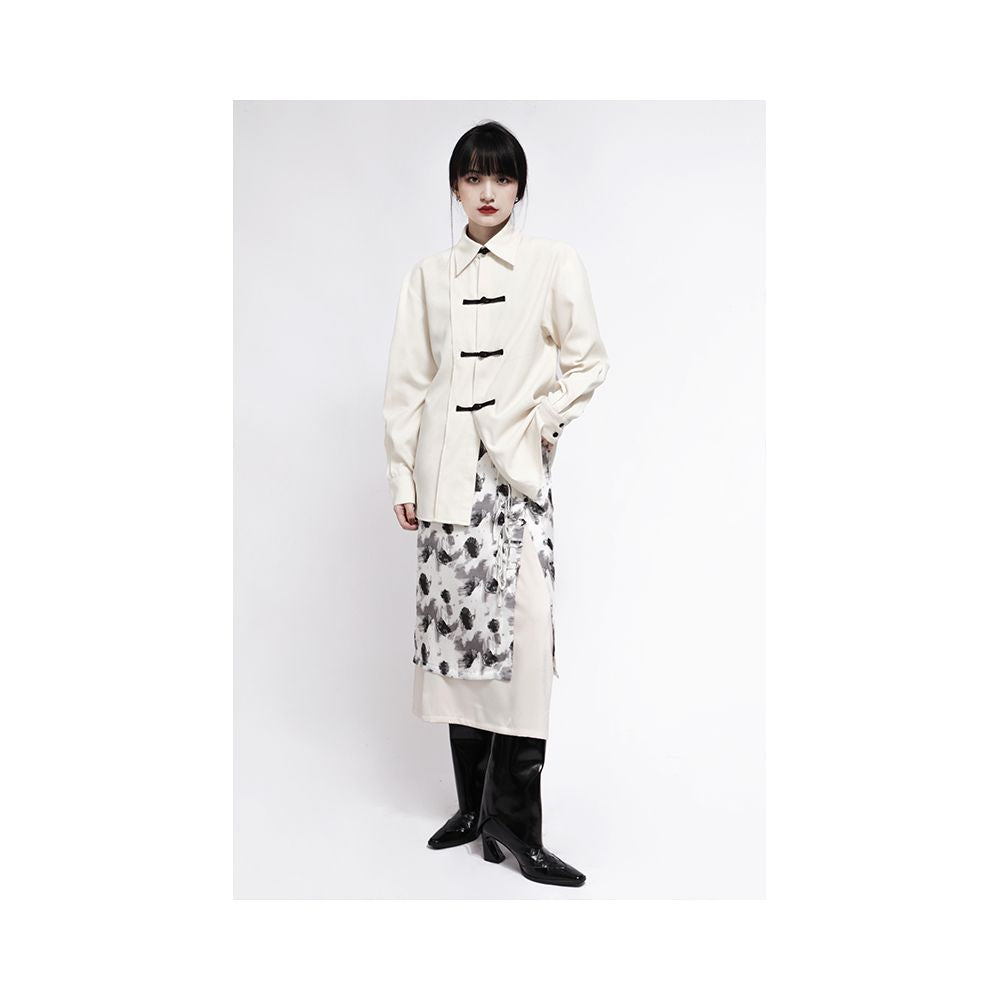 APOZI white new Chinese style women s black and white buckle long sleeved shirt for women s autumn and winter design niche Chinese style shirt image 2