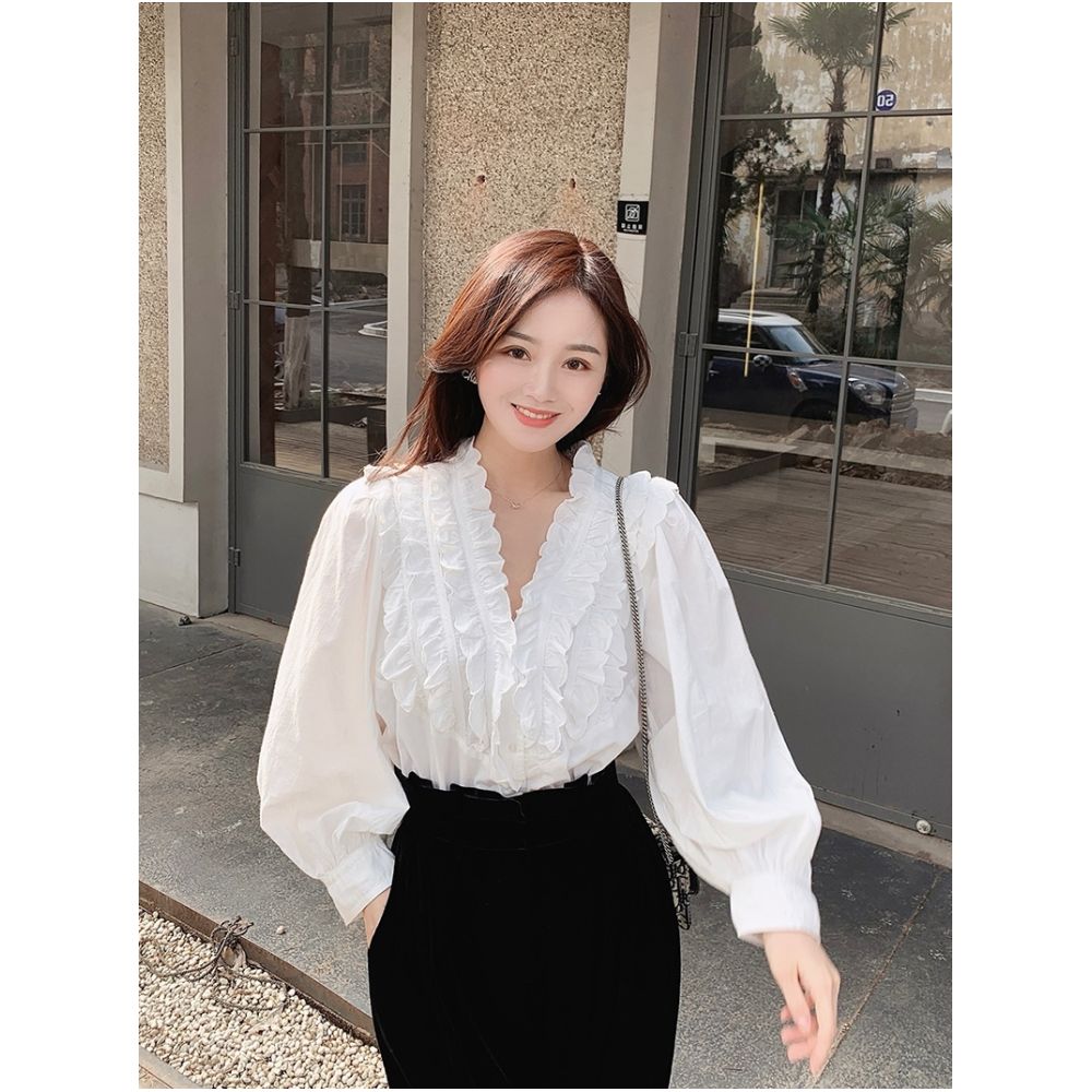FAN New Product Si Clothing Collar Art French V neck High Difficulty Making Lace Shirt image 4