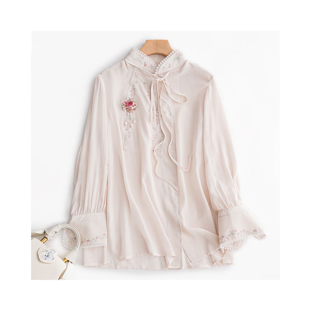 Asaya0311 - Town Store Baby PCY652 Silk Shirt a combination of Chinese and Western styles embroidered silk shirt OL shirt gentle and exquisite as water