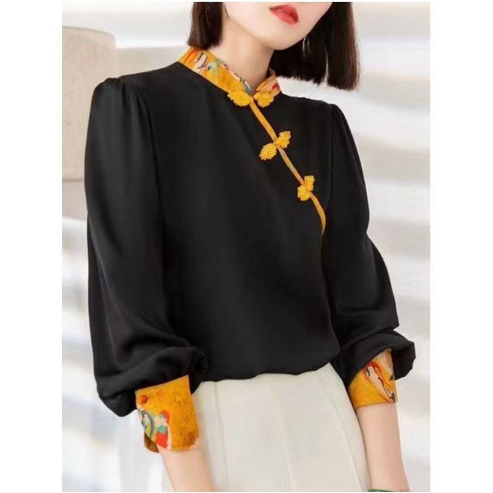 Shenzhen Nanyou European Women s Clothing 2025 Early Autumn New Retro Slant Buckle Stand up Collar Splicing Embroidered Temperament Shirt image 1
