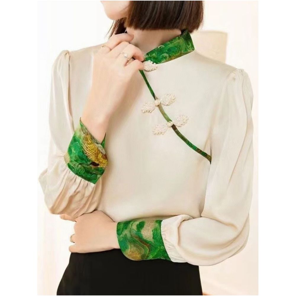 Shenzhen Nanyou European Women s Clothing 2025 Early Autumn New Retro Slant Buckle Stand up Collar Splicing Embroidered Temperament Shirt image 6