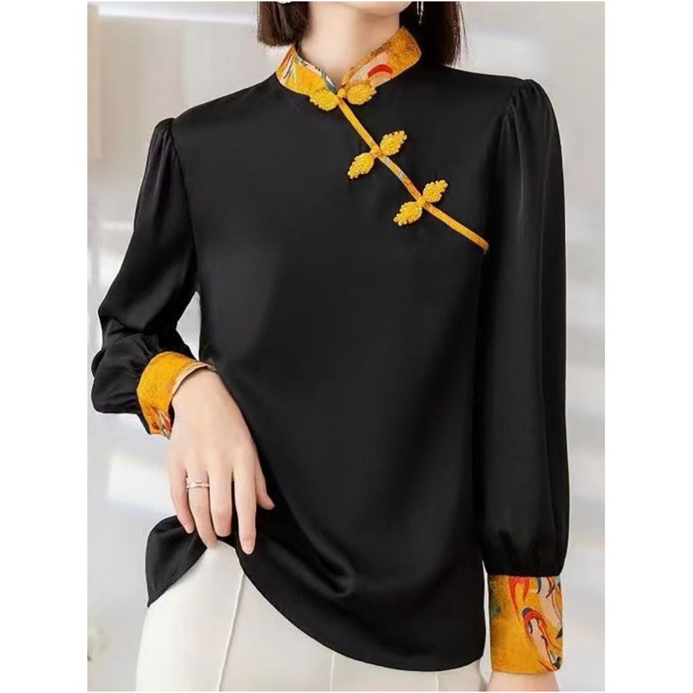 Shenzhen Nanyou European Women s Clothing 2025 Early Autumn New Retro Slant Buckle Stand up Collar Splicing Embroidered Temperament Shirt image 10