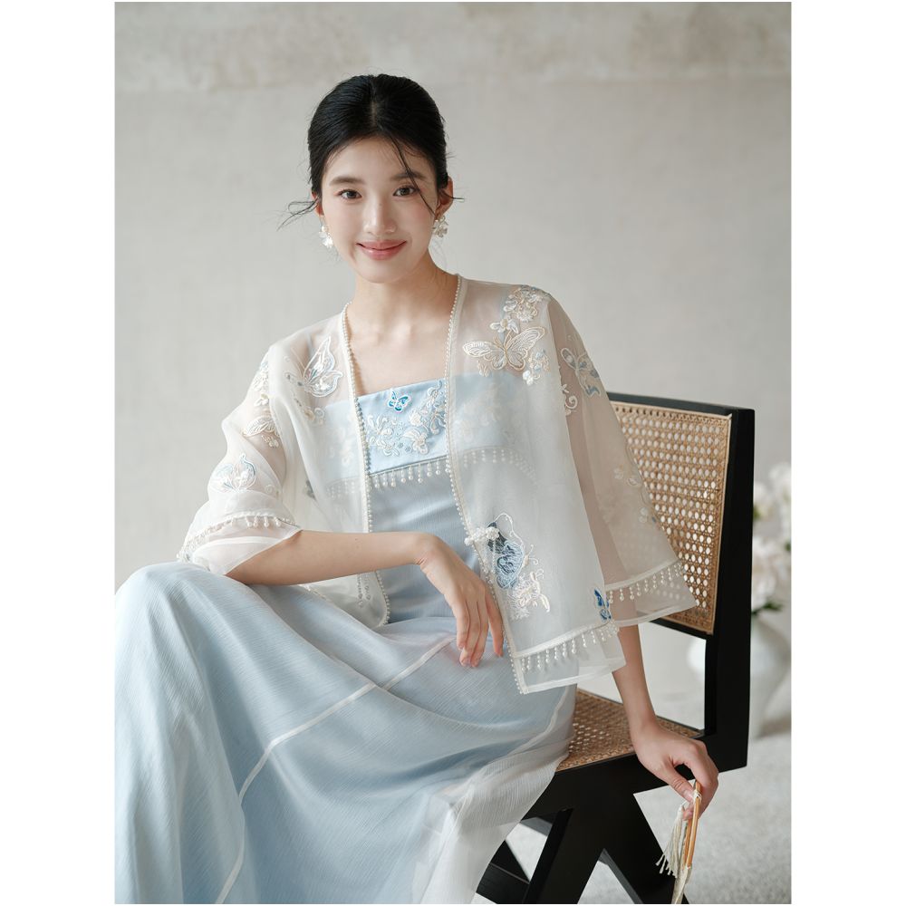 New Chinese style dress for women in summer and autumn 2025 with a fresh and dynamic temperament featuring delicate gauze embroidery and tassel tops image 3