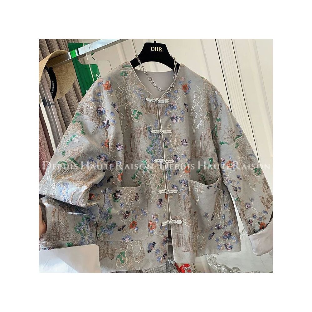 300 Jin large size high end new Chinese style sequined jacket for men and women spring and autumn ins style embroidered buttons slim denim jacket image 1