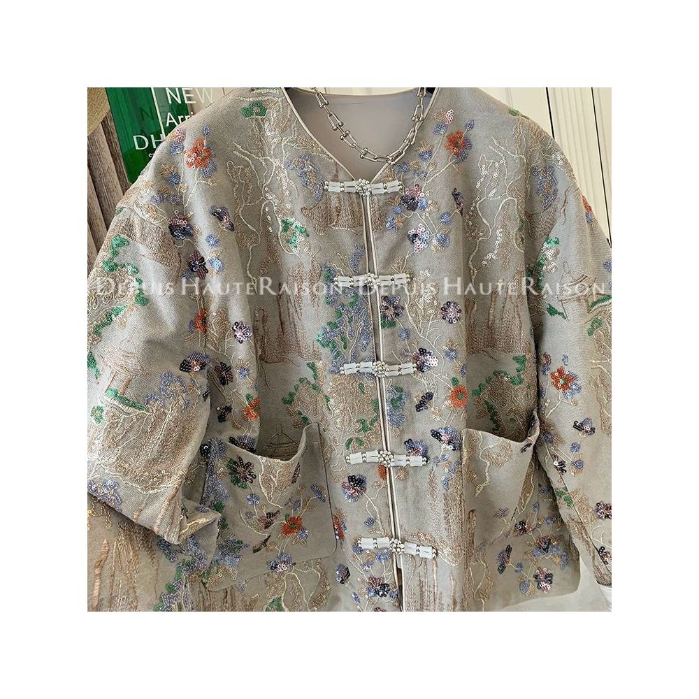 300 Jin large size high end new Chinese style sequined jacket for men and women spring and autumn ins style embroidered buttons slim denim jacket image 2