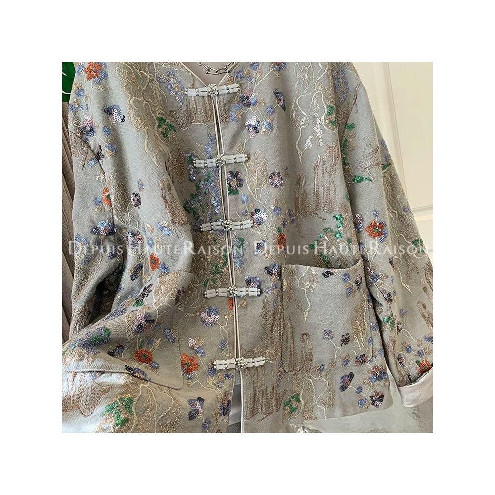 300 Jin large size high end new Chinese style sequined jacket for men and women spring and autumn ins style embroidered buttons slim denim jacket image 3