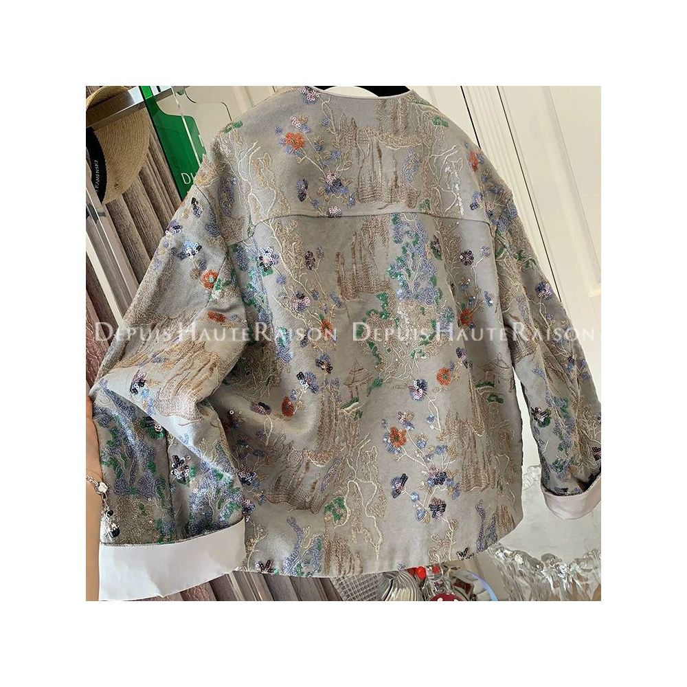 300 Jin large size high end new Chinese style sequined jacket for men and women spring and autumn ins style embroidered buttons slim denim jacket image 5