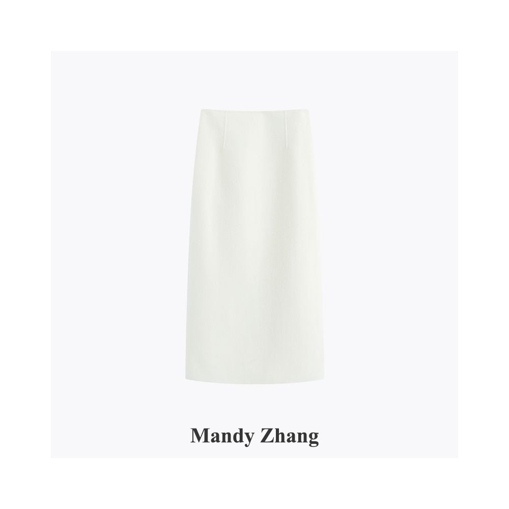 MandyZhang White 100 Sheepskin High Waist Straight Tube Woolen Woolen Half Skirt for Women Winter High End Long Skirt image 6