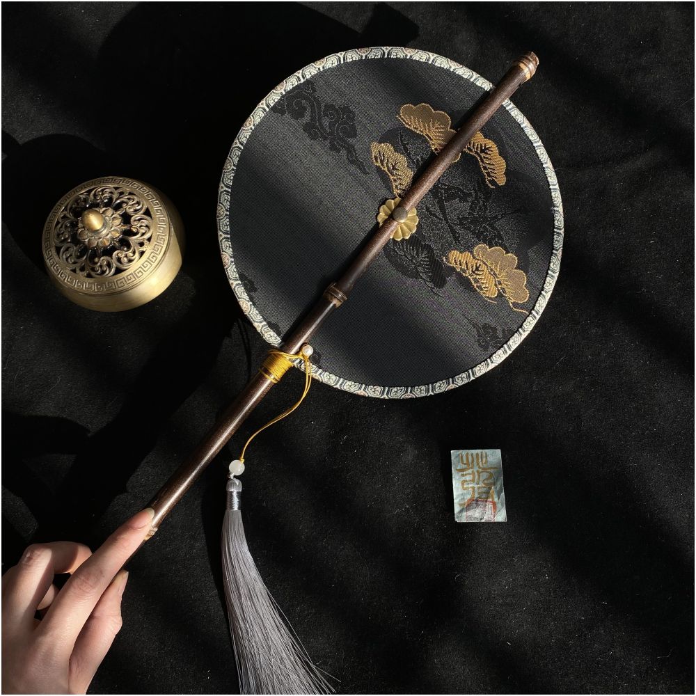 Ancient style purple bamboo waist fan Hanfu group fan Chinese style rollable and tortuous fan Classical long handle tassel fan Portable hanging waist fan image 2