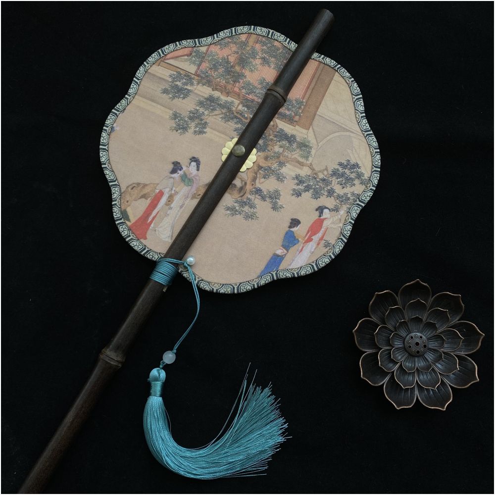 Ancient style purple bamboo waist fan Hanfu group fan Chinese style rollable and tortuous fan Classical long handle tassel fan Portable hanging waist fan image 10
