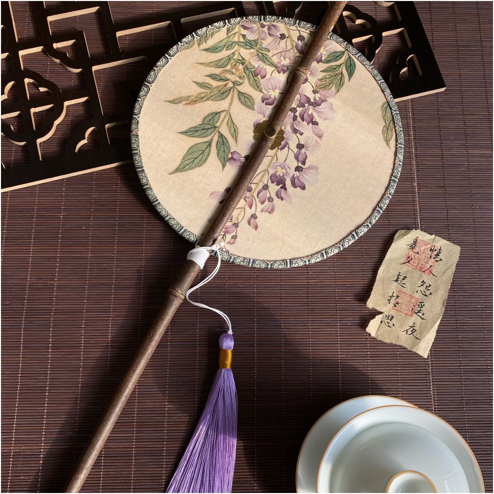 Ancient style purple bamboo waist fan Hanfu group fan Chinese style rollable and tortuous fan Classical long handle tassel fan Portable hanging waist fan image 16